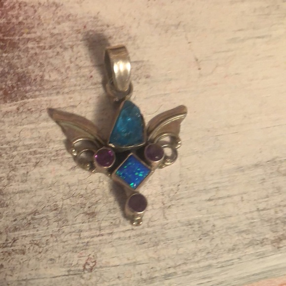 Beautiful Sterling Silver Lab Created Opal with a druzy stone & Amethyst Pendant - Picture 15 of 17